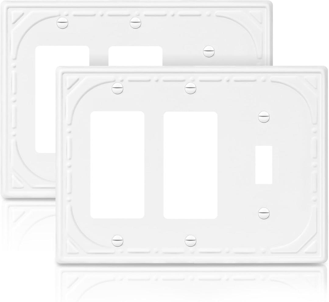 Combination Metal Light Switch Covers Wall Plate, 1 Toggle/2 Decorator Switch Plate Outlet Covers Off White Decorative 3 Gang Wall Plate - Classic Retro Style, 2 Pack