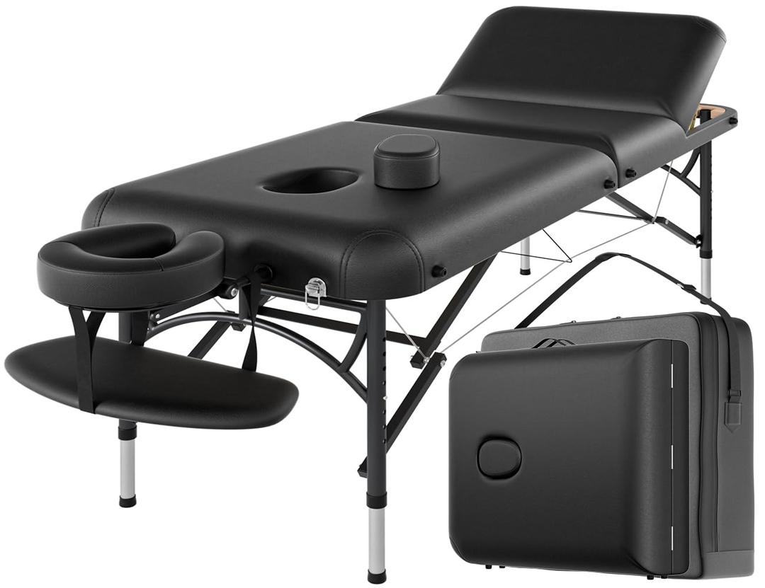 CLORIS 84" Professional Massage Table 3 Section Portable Hold Up to 1100LBS | Lightweight Aluminium Leg 8 Heights Adjustable Double High-elastic Foam Salon Spa Lash Tattoo Bed with Carrying Bag Black
