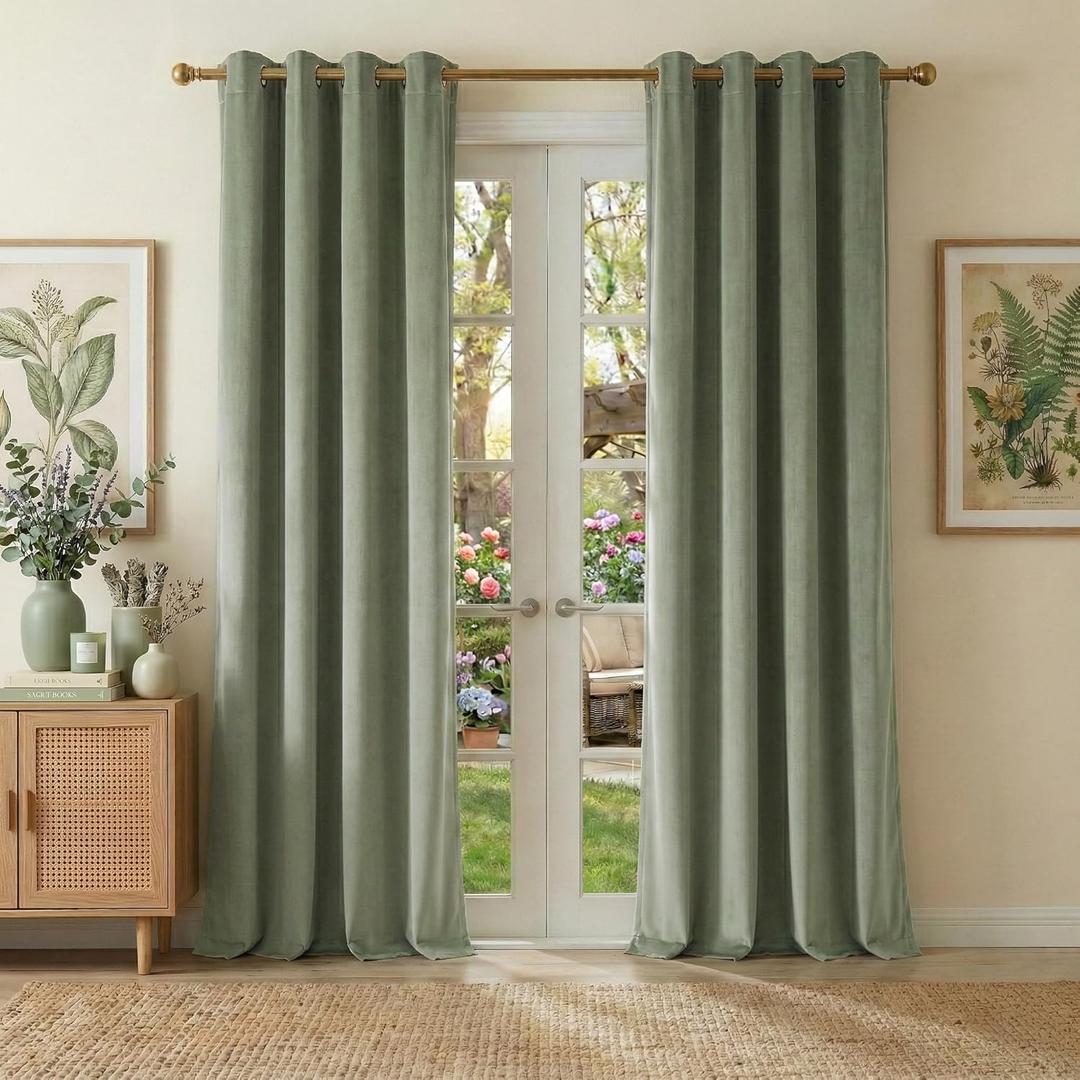 NICETOWN Sage Green Total Blackout Velvet Curtains 84 inch Long, Grommet Top Privacy Protection Room Darkening Thick Heavy Duty Drapes for Spring Home Decor, 52 inch Width