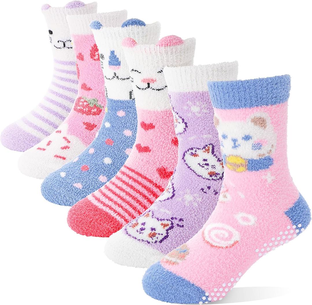 ANTSANG Kids Girls Toddlers Fuzzy Grips Socks with Grippers Non Slip Fluffy Warm Cozy Cabin Plush Crew Socks 6 Pairs (8-12 Years, Cat)