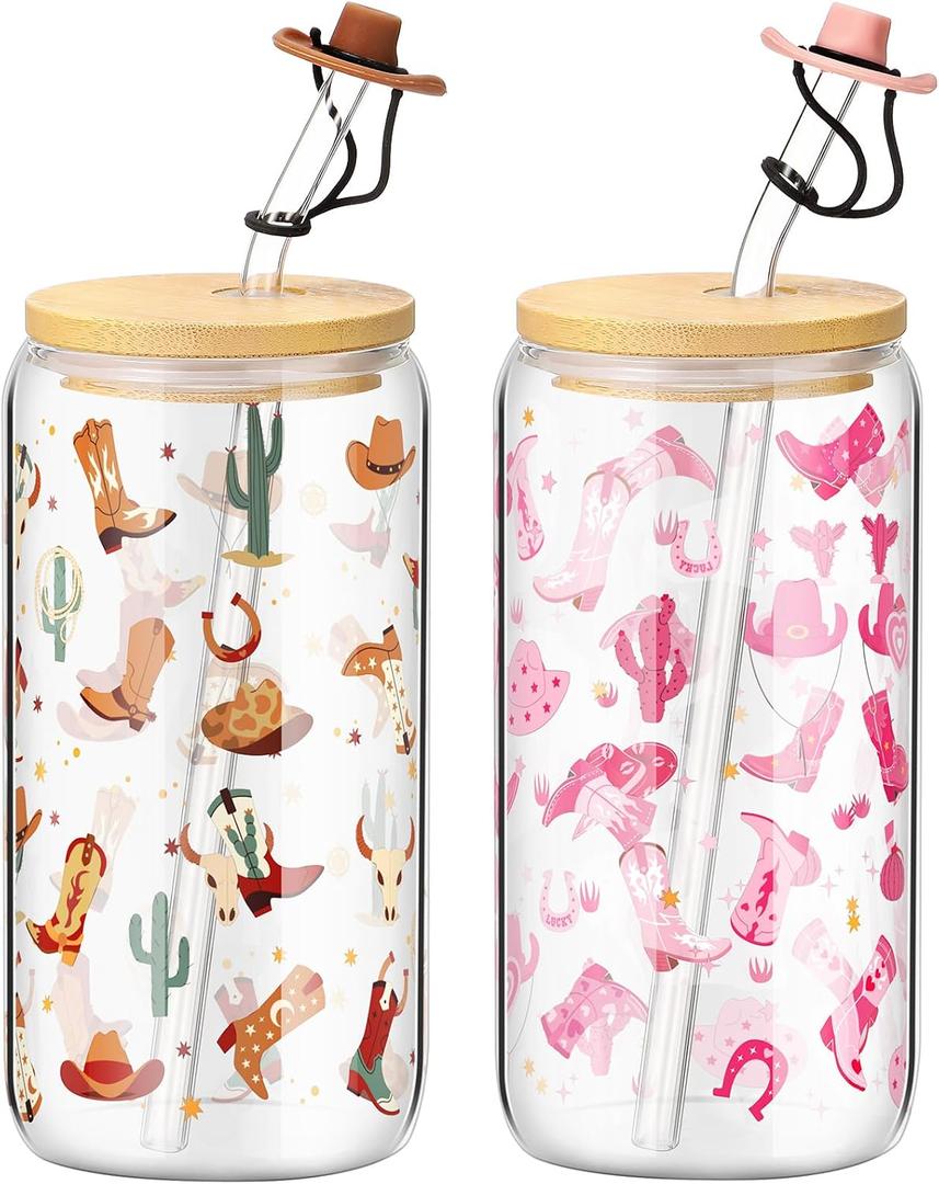 Baderke 2 Sets Western Cowgirl Beer Can 16 oz Drinking Cups with Bamboo Lid Glass Straw and Cleaning Brush Cowboy Boots Iced Coffee Cup Reusable Tumbler for Party Favors Gifts(Clear)