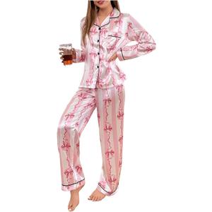 WDIRARA Women's 2 Piece Bowknot Print Satin Pajama Set Long Sleeve Button Down Lounge Pants Sleepwear Sets (Pink White, Small)