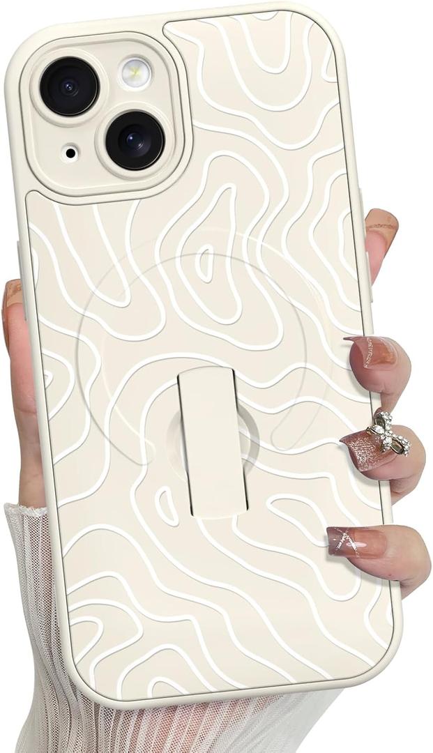 MZELQ for iPhone 15 Case, Silicone Wave Ripple Cute Pattern, Support for MagSafe, Kickstand Wristband Camera Protection Soft Slim Phone Case for Girls Women -White