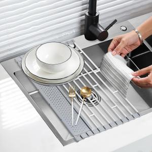 Roll Up Dish Drying Rack Over The Sink, Silicone Wrapped Over Sink Dish Drying Rack Solid Steel Rods Heavy Duty Foldable Multipurpose Sink Drying Mat Anti-Slip & Anti-Rust 19.3L x 9.25" W