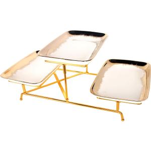 3-Tiered Serving Rack with Ceramic Tray, Foldable Gold Stand with 3-PCS 10.6 Inch Gold Rim Plates, for Food Display, Fruit, DessertDecoration for Parties Entertaining