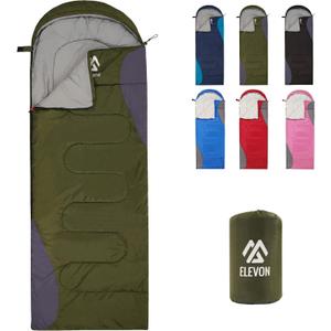 Elevon Sleeping Bag for Adults Teens Kids Cold Warm Weather, Portable Waterproof & Lightweight, Compact with Compression Sack, for 3-4 Seasons Camping, Backpacking, Hiking, Travel, Indoors Outdoors (1-person, 1-pack, Green)