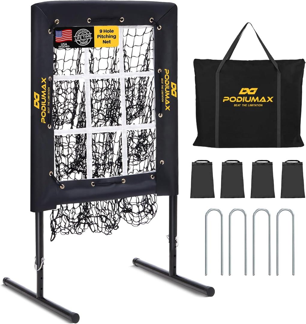 PodiuMax Baseball Pitching Net, 9 Hole Pitching Net with Strike Zone, 5 Adjustable Heights Baseball Throwing Net for All Ages, Heavey Duty Solo Trainer with Carry Bag for Backyard Practice, 16" x 18" strike zone target