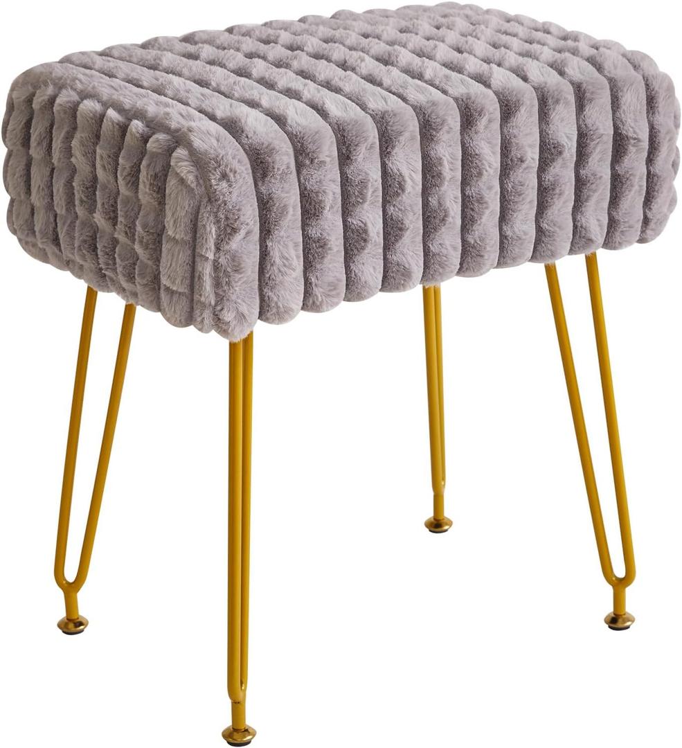 IBUYKE Rectangular Footrest Stool Ottoman, Makeup Vanity Stool Side Table, Velvet Dressing Table Seat, Footstool Chair, Golden Steel Legs, for Makeup Room, Bedroom, Square Grid Pattern, Grey WBD003G (without storage)