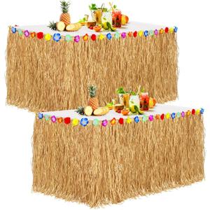 Aodaer 2 Pack Thickened Grass Table Skirt Natural with Hibiscus Flowers 400g Hawaiian Luau Tropical Party Decor Fringe Party Decoration for Costume Tiki Tropical Hawaii Moana Birthday, Straw Yellow