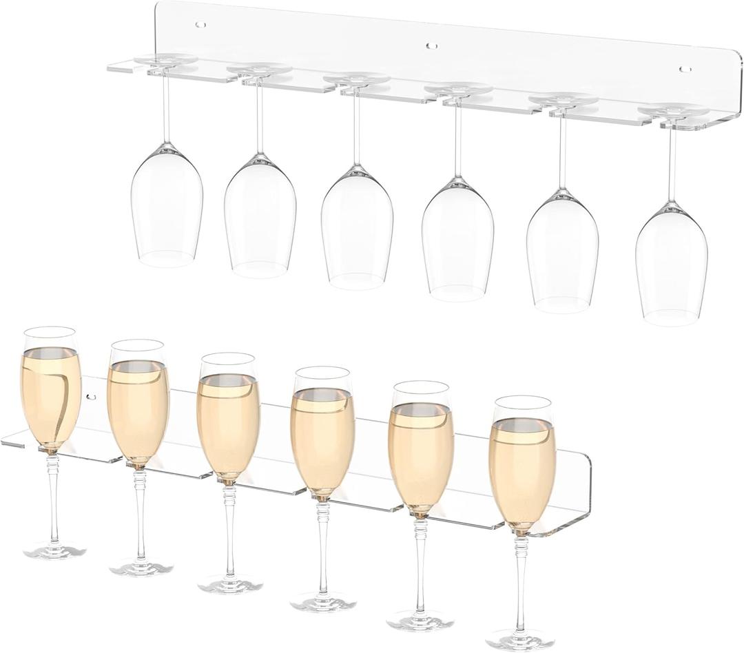 Champagne Wall Holder for Party 50, Clear Acrylic Wall Mounted Wine Glass Holder, Under Cabinet Wine Glass Holder Rack (6 Glasses 2 Pack)