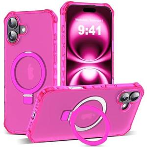 JQRZAOAK for iPhone 16 Case with Magnetic Invisible Stand [Compatible with Mag-Safe] [Military Drop Tested] Translucent Matte 16 Cover with Good Grip Curly Wave Edge for Women 6.1'', Rose Red