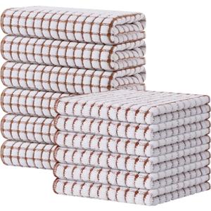 Kitinjoy Cotton 12 Pack Kitchen Towels and Dishcloths Sets, 16 x 25 Inch & 12 X 12 Inch Dish Towels Bulk, Super Soft and Absorbent Hand Towels for Kitchen Drying, Brown