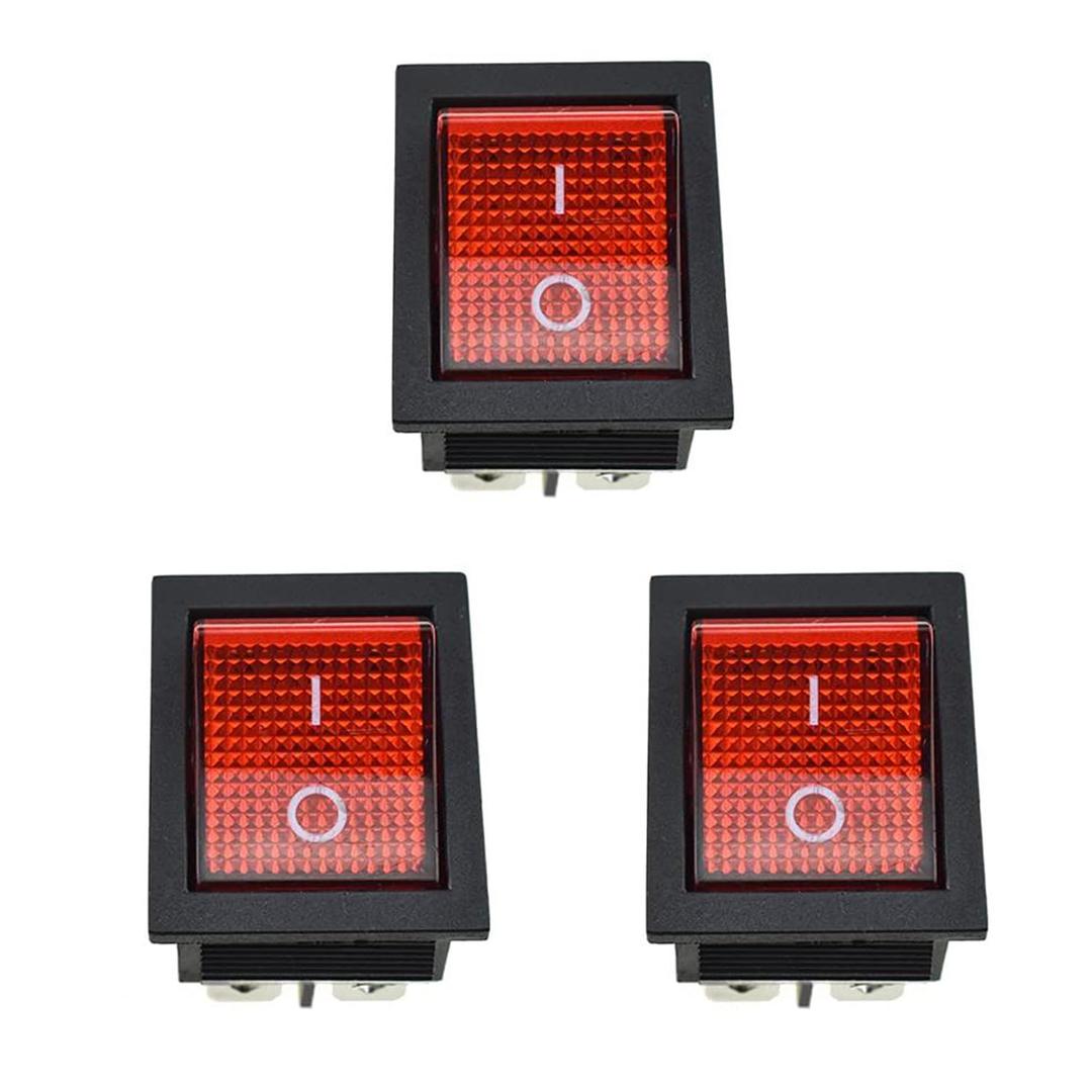 KCD2-201N 2 Position Rocker Toggle Switch ON/Off AC 250V/16A for Boat with Red LED Indicate Light DPST 4 Pins (3/Pack)