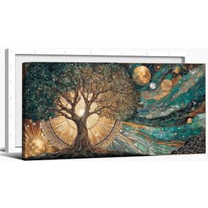 Large Frame Tree of Life Canvas Wall Art Sun and Moon Cosmic Picture Wall Decor Celestial Tree of Life Poster Print for Meditation Corner Yoga Room Living room Bedroom Home Decoration 32x16 In