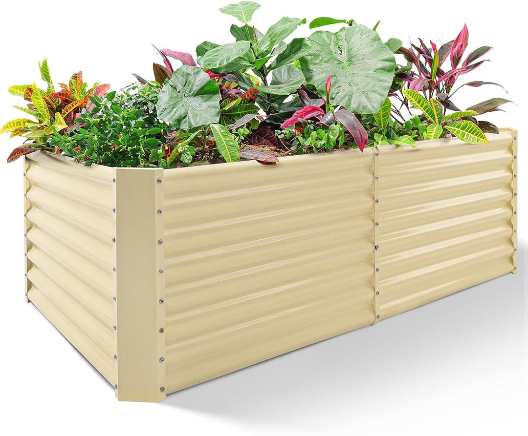 Land Guard 8×4×2ft Galvanized Raised Garden Bed, Planter Boxes Outdoor, Raised Garden Beds Outdoor for Vegetables, Flowers, Herbs, 479 Gallons, Cream Yellow