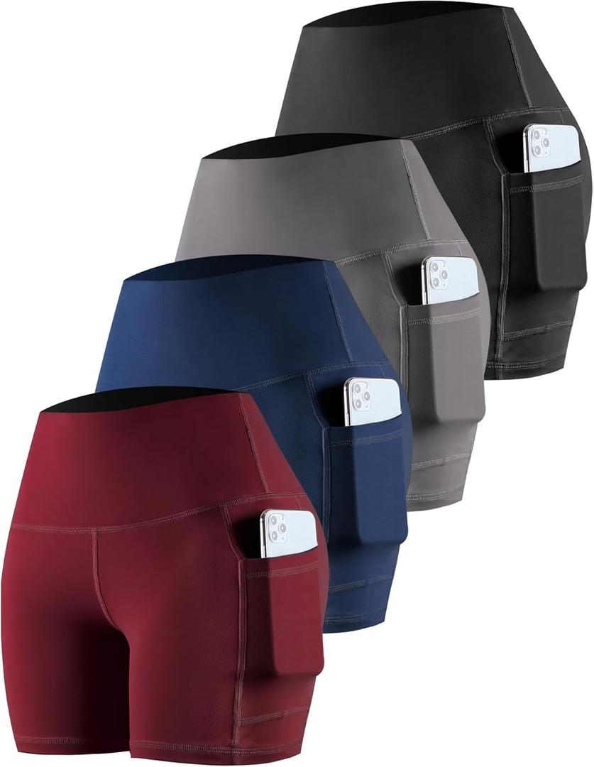 CHRLEISURE 4 Packs Spandex Yoga Shorts with Pockets for Women, High Waisted Workout Booty Shorts (5'' Black, Gray, Navy, Wine, M) CHRLEISURE 4 Packs Spandex Yoga Shorts with Pockets for Women, High Waisted Workout Booty Shorts (5'' Black, Gray, Navy, Wine, M)