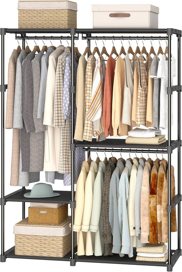 Portable Closet Wardrobe, 49 Inch Wide Clothing Storage Organizer with 6 Shelves and 3 Hanging Rods, Non-Woven Fabric Cover, Large Capacity for Bedroom, Cloakroom, Black