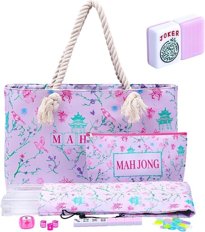 TIASUSAN American Mahjong Tile Set, 166 Pink Tiles, Bag and Mahjong Accessories, 4 All-in-One Rack/Pushers, Mahjong Set Complete