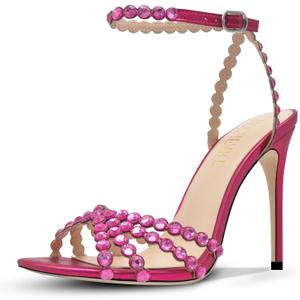HOCHFART Women's Rhinestone Stiletto High Heels Buckle Strappy Heeled Sandals Round Toe Sexy Dressy Pumps Shoes, Size 8