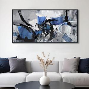 AJAZIKO Blue Abstract Canvas Wall Art: Wall Art for Living Room, Bedroom & Gray Office Decorations for Work, Framed Artwork - Modern Decor with Blue & Black Paintings Pictures Wall Decor 2040IN (40L" x 20W")