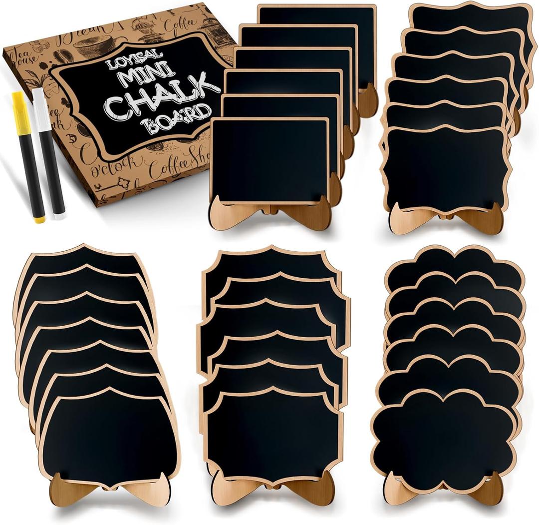 Mini Chalkboard Signs for Food Labels- 30 Pack Small Wooden Framed Blackboard for Wedding Table, 5 Assorted Shapes for Party Buffet Decor, Food Place Cards or Dessert Table Display Set