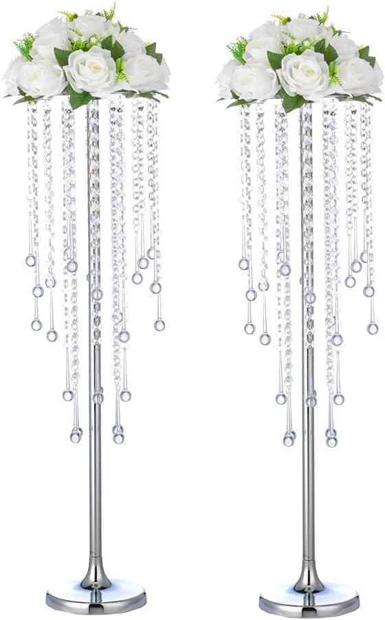 Wedding Centerpieces for Tables, 2Pcs Tall Metal Flower Vases with Chandelier Crystal, 29.5in Silver Flower Stand Centerpieces for Tables Wedding Reception Birthday Party Events Home Decor (2L)
