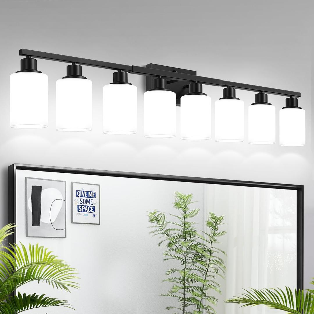 MOKATNG 8-Light Bathroom Light Fixtures, Vanity Light with Milky White Shades, Matte Black Bathroom Light Fixtures Over Mirror, Modern Bathroom Wall Lamp for Mirror Living Room Cabinet Bedroom