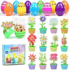Easter Basket Stuffers Essentials, 12 Pcs Mini Animal Building Blocks with Easter Eggs, Building Blocks for Teens Kids Girls Boys Egg Hunt Prizes, Party Favors and Classroom Gifts (Easter - Flower A)