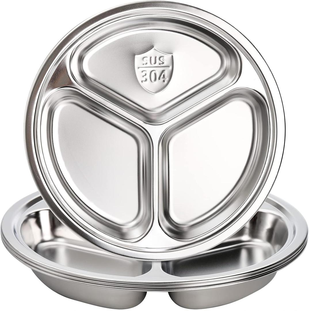 Hacaroa 2 Pack Stainless Steel Round Divided Plates, 9.5 Inch Dinner Snack Plates with 3 Compartment, Divided Tray Food Serving Platter for Kids, Adults, Camping, Lunch and Dinner