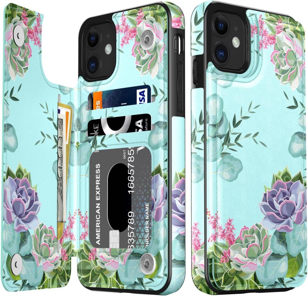 LETO for iPhone 12 Mini Pro Case,iPhone 12 Mini Case,Flip Folio Leather Wallet Cover with Fashion Flower Designs for Girls Women,Card Slots Kickstand Protective Phone Shell Green Floral Garden