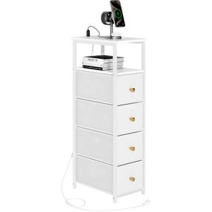 Narrow Storage Cabinet for Small Spaces Slim Bathroom Dresser with Drawers Tall Thin Storage Organizer for Bathroom Bedroom Skinny Cabinet (White, 4 Drawers with Charging Station)