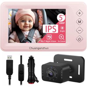 Baby Car Camera with NO.1 Night Vision, 3X Zoom, USB Powered, 5'' HD 1080P IPS Crystal-Clear Car Baby Monitor, Backseat/Carseat Camera for Kids Infants Rear Facing, S100U Light Pink