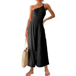ANRABESS Women's Summer Straps One Shoulder High Waist Dressy Casual Wide Leg Linen Jumpsuit Romper Beach Travel Outfits (Black, M)