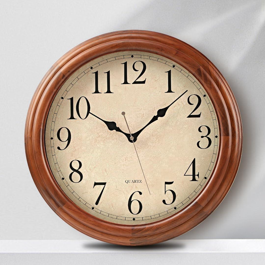 ZELVON amusediy 16-Inch Wood Wall Clock with Large Numbers, Retro Round Brown Clock Wall, Silent Non-Ticking for Living Room, Kitchen Wall Clocks