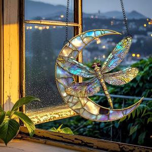 Colorful Acrylic Suncatcher, 6-inch Crescent Moon & Colorful Dragonfly Hanging Window Decor, Wall Art with Vibrant Colors, Gift Idea & Garden Ornament Indoor Outdoor Use 1PCS (Yyx-04)