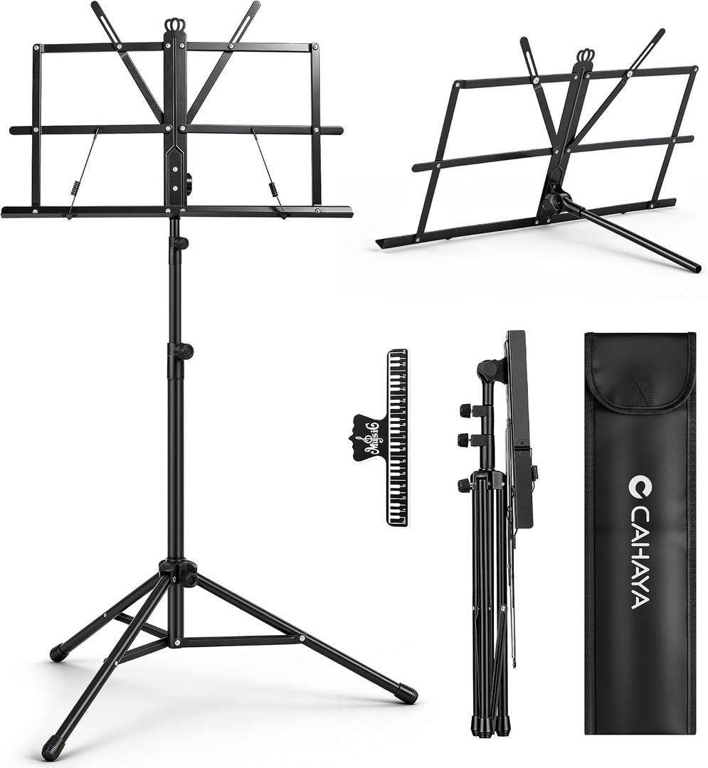 CAHAYA Portable Sheet Music Stand - Dual-Use Desktop/Floor Music Stand Height Adjustable Book Holder Folding with Carrying Bag and Clip for Students Musicians Outdoor Performances