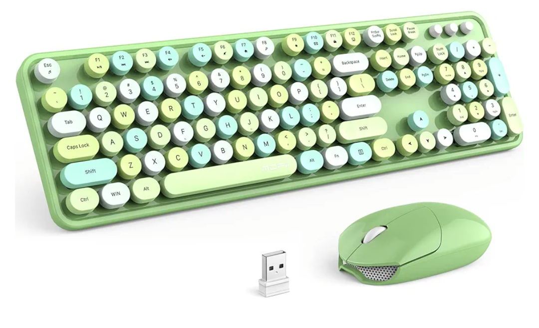 MOFII Wireless Keyboard and Mouse Combo, 2.4GHz Retro Full Size Typewriter Keyboard with Number Pad & Wireless Mouse for Laptop, PC, Desktop, Mac, Windows - Green Colorful