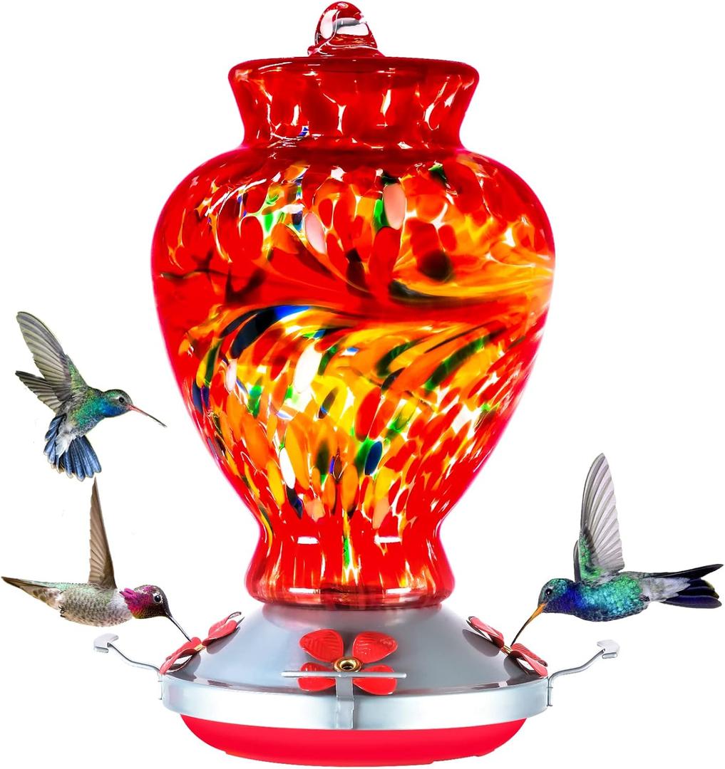 Hummingbird Feeder, 32 Ounces Glass Hummingbird Feeders for Outdoors Hanging Ant and Bee Proof, 4 Feeding Metal Stations with Perch and Moat, Ant Moat Hook, Rustproof Base Advtim (Red)