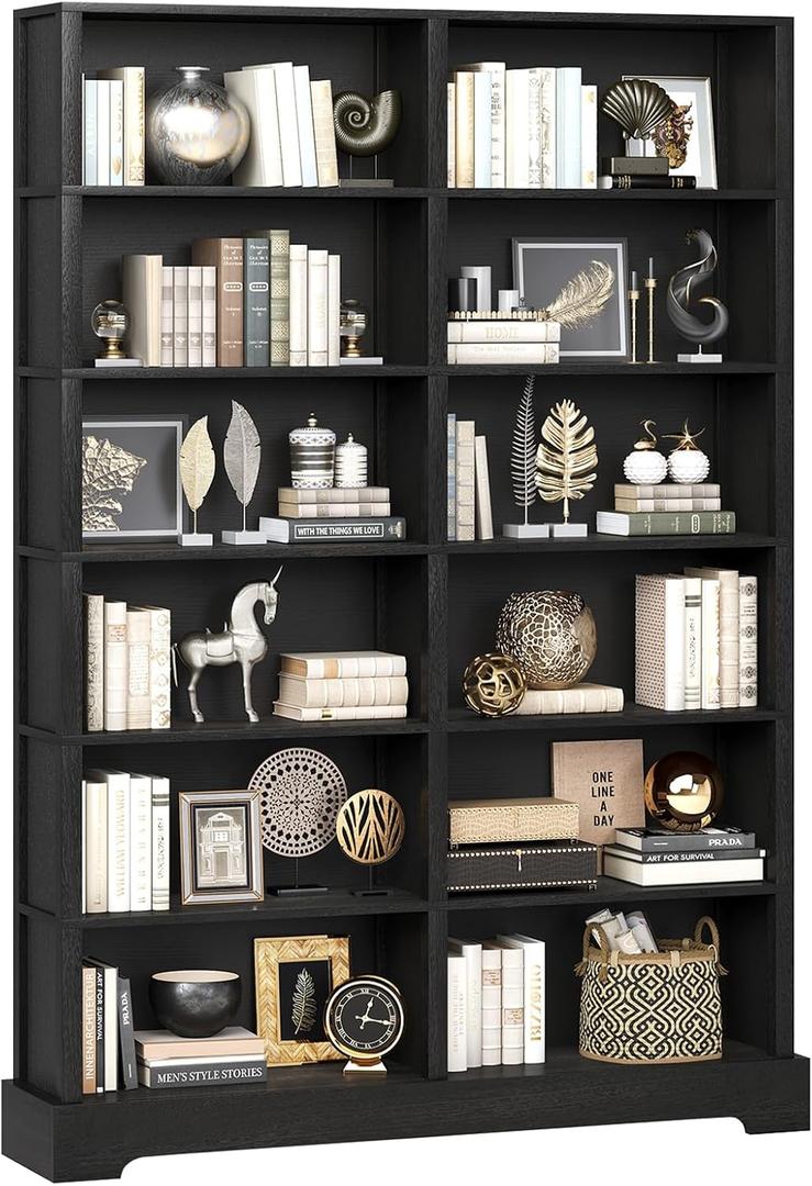 TVU 6-Tier Wood Book Shelf, 47" Wide Large Bookcase and Bookshelf, 76" Tall Bookcase with Storage, Freestanding Wood Display Book Shelves for Living Room, Home Office, Black