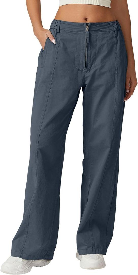 QINSEN High Waist Cargo Pants for Women Front Zip Relaxed Fit Wide Leg Pants Casual Lightweight Woven Pants Dark Slate L