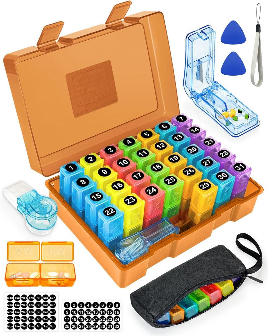 Monthly Pill Organizer 2 Times a Day  Yonlog Large Medicine Box with Weekly Travel Bag, Pill Cutter, Easy-Open Pick, Pill Taker Tool, and 2 Medication Stickers (Tea, 2 Times a Day)