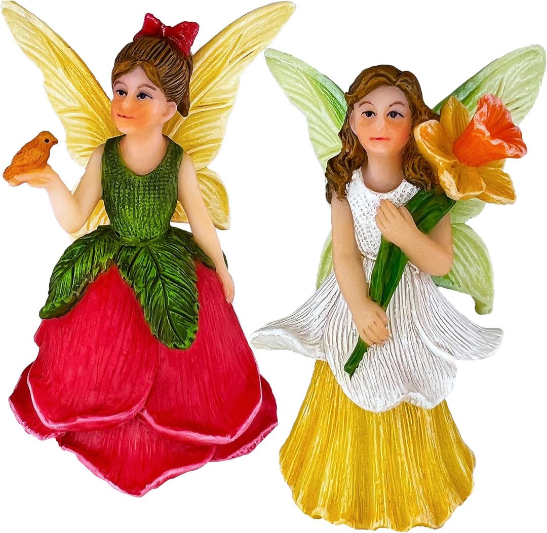 Mood Lab Fairy Garden Figurines - Flower Fairies Set (2 pcs) - Narcissus & Rose - Miniature Decorative Statues & Accessories - Outdoor & Indoor Garden Decor