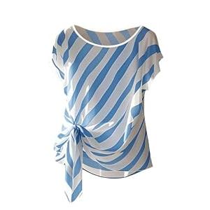Floerns Women's Chiffon Blouses Tops Striped Mesh Bowknot Round Neck Shirts Short Dolman Sleeve Tie Side Work Blouse Blue, Medium