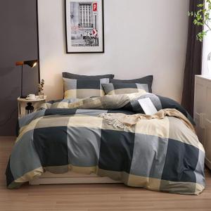 Plaid Duvet Cover Set 100% Cotton,Queen(90"x90"),Black/Grey Checkered