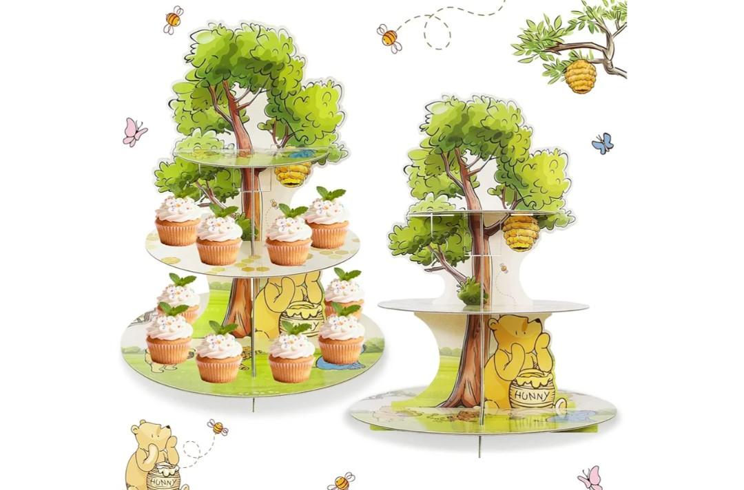 Winnie Cupcake Stand, 3-Tier Cardboard Cupcake Holder for Classic Winnie Bear Baby Shower Birthday Cupcake Decorations