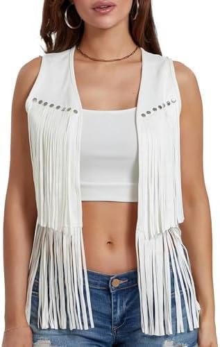 ensswliz Women Fringe Vest 70s Hippie Costume Sleeveless Rivets Tassel Open Front Faux Suede Waistcoat Western Vest, XL