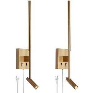 ZEROUNO Modern Plug in Wall Sconce Set of 2, Gold LED Wall Mounted Reading Lamp with Switch, Minimalist Linear Wall Light Fixture with 5.9FT Clear Cord for Bedroom Living Room Hallway Decor