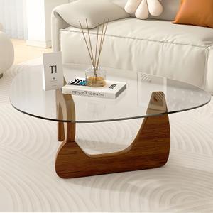 Modern Glass Coffee Table, 32.3″D×25.6″W×15.8″H-Abstract Unique Mid Century Triangle Center Table for Living Room, Minimalist Middle Tables for Home Office, Wooden Base