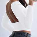 Womens Long Sleeve Sexy Backless T Shirts Y2K Casual Fall Slim Fitted Crop Top (White, M)
