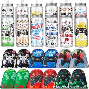 24 Pcs Video Game Party Favors, 12 Pcs Video Game Plastic Cups with Lids and Straws,12 Pcs Gamer Party Drawstring Bags, Reusable Cups Plastic Tumbler Gaming Goodie Bag for Birthdays Supplies